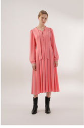 Soft Crepe Midi Dress with Tie Neckline and Pleated Skirt